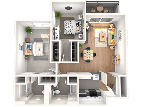 Floor plan for 2 beds, 2 baths, 938 sqft